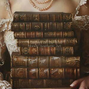 May include: A stack of antique leather-bound books with gold lettering and intricate designs. The books are held by a person wearing a white lace dress and a pearl necklace.