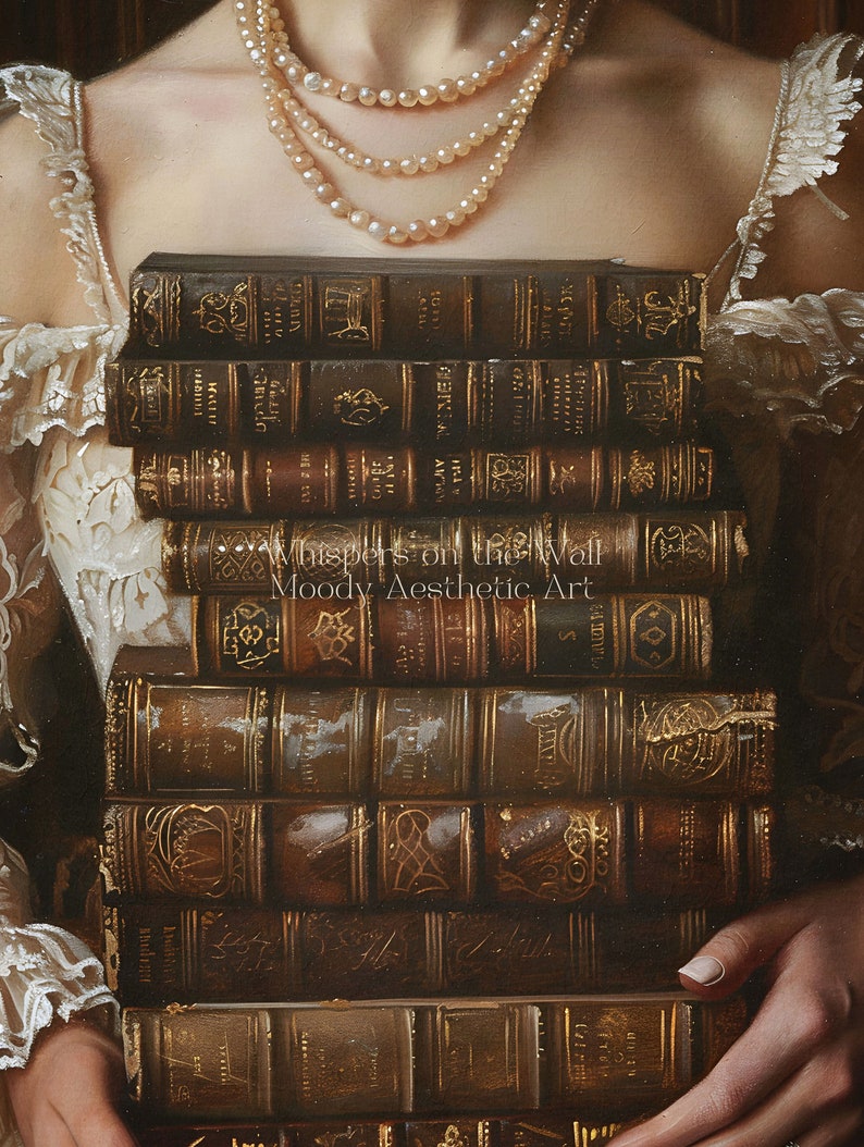 May include: A stack of antique leather-bound books with gold lettering and intricate designs. The books are held by a person wearing a white lace dress and a pearl necklace.