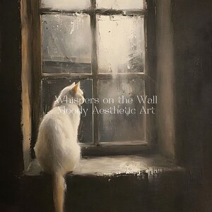 May include: A white cat sits on a windowsill, looking out a window with a view of a cloudy sky. The text "Whispers on the Wall Moody Aesthetic Art" is visible below the cat.
