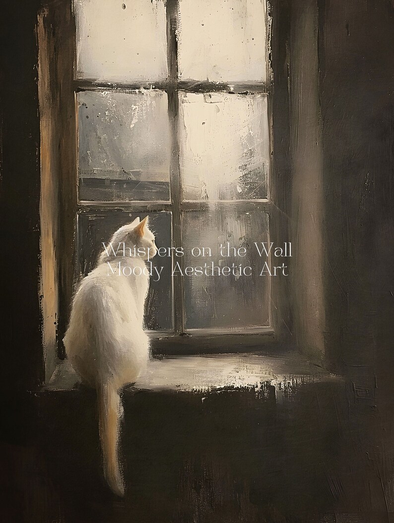 May include: A white cat sits on a windowsill, looking out a window with a view of a cloudy sky. The text "Whispers on the Wall Moody Aesthetic Art" is visible below the cat.