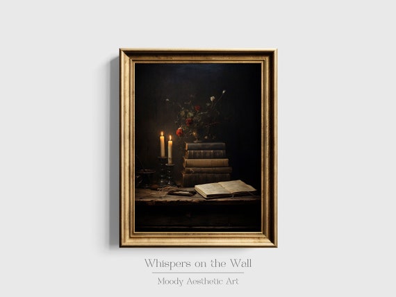 Moody Book Art Print, Dark Academia Decor, Gothic Printable Painting, Bookish Gift, Library Digital Download, Goth Wall Art