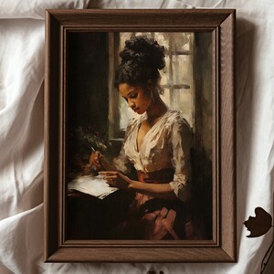 Peut inclure: Une peinture d'une femme aux cheveux fonc&eacute;s et &agrave; la blouse blanche assise &agrave; une table pr&egrave;s d'une fen&ecirc;tre, &eacute;crivant sur un morceau de papier.