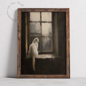 May include: A white cat sits on a windowsill, looking out a window with a view of a foggy, gray landscape. The cat has a long tail and is facing to the right. The window is framed in wood and has a single pane of glass.