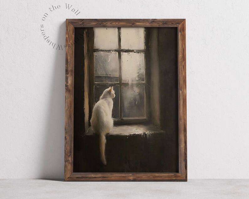 May include: A white cat sits on a windowsill, looking out a window with a view of a foggy, gray landscape. The cat has a long tail and is facing to the right. The window is framed in wood and has a single pane of glass.