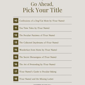 May include: A list of 10 book titles with numbers 10 through 18. The titles are suggestions for a book title. The text "Go Ahead, Pick Your Title" is at the top of the list. The text "Whispers on the Wall, Page 2" is at the bottom of the list.