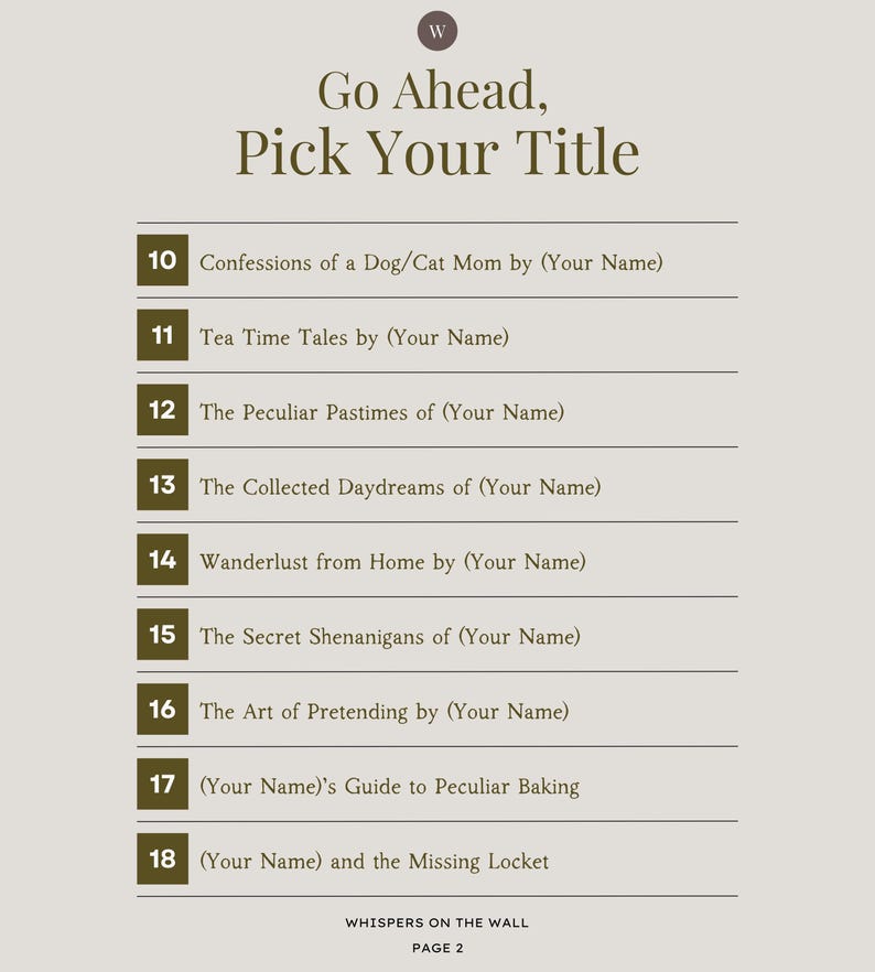 May include: A list of 10 book titles with numbers 10 through 18. The titles are suggestions for a book title. The text "Go Ahead, Pick Your Title" is at the top of the list. The text "Whispers on the Wall, Page 2" is at the bottom of the list.