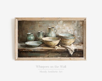 Arte de TV con marco de cocina, decoración de pared de granja, arte rústico Cottagecore, platos Samsung Frame TV Art, pintura al óleo de estilo vintage