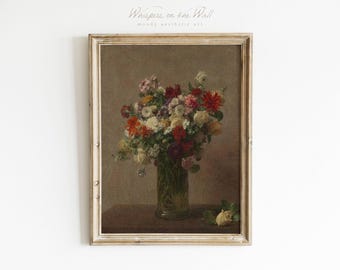 Dark Floral Printable Wall Art Dark Academia Art Rose Vase Vintage Painting Moody Bookshelf Decor Muted Flower Digital Art