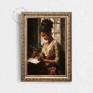 Peut inclure: Une peinture d'une femme aux cheveux fonc&eacute;s et &agrave; la robe blanche assise &agrave; une table en train d'&eacute;crire dans un livre. La femme regarde le livre et a une expression s&eacute;rieuse sur son visage. La peinture est situ&eacute;e dans une pi&egrave;ce avec une fen&ecirc;tre en arri&egrave;re-plan.