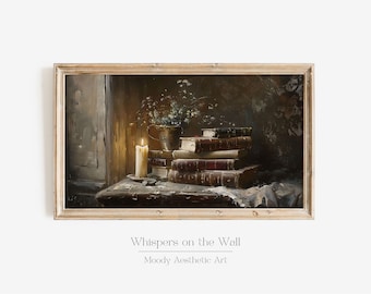 Dark Academia Frame TV Art, Book Pile Samsung Frame TV Art, Moody Victorian Painting, Gothic Decor, Book Stack Artwork