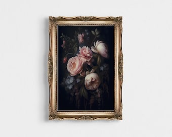 Dark Floral Oil Painting, Botanical Wall Art Print, Moody Wall Art, Dark Academia Digital Art, Floral Art, Dark Cottagecore Decor #019