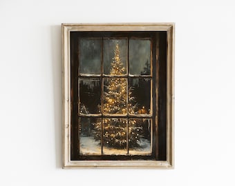May include: A framed wall art print depicting a view through a multi-pane window of a snow-covered evergreen tree illuminated by warm golden string lights at night, set against a dark, moody forest background with a light dusting of snow.