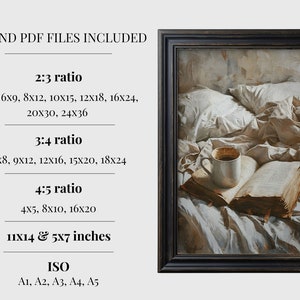 Peut inclure: Une peinture repr&eacute;sentant un livre, une tasse de caf&eacute; et une couverture blanche sur un lit. La peinture est dans un cadre noir. Le texte sur l'image est le suivant : "JPG AND PDF FILES INCLUDED 2:3 ratio 4x6, 6x9, 8x12, 10X15, 12X18, 16x24, 20X30, 24X36 3:4 ratio 6x8, 9X12, 12X16, 15X20, 18X24 4:5 ratio 4X5, 8X10, 16X20 11X14 & 5x7 inches ISO A1, A2, A3, A4, A5"