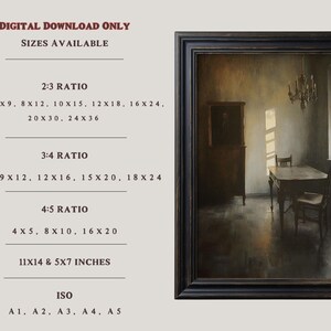 May include: A digital download of a painting depicting a dimly lit room with a table and chairs. The room has a large window with white curtains and a chandelier hanging from the ceiling. The painting is available in various sizes and ratios, including 2:3, 3:4, 4:5, 11x14 inches, 5x7 inches, and ISO sizes A1, A2, A3, A4, and A5.