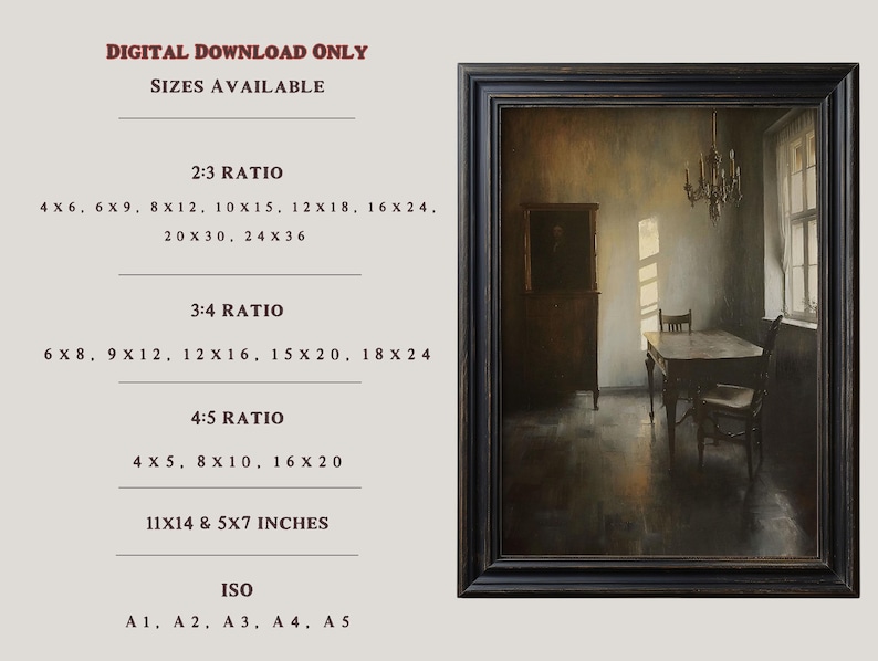 May include: A digital download of a painting depicting a dimly lit room with a table and chairs. The room has a large window with white curtains and a chandelier hanging from the ceiling. The painting is available in various sizes and ratios, including 2:3, 3:4, 4:5, 11x14 inches, 5x7 inches, and ISO sizes A1, A2, A3, A4, and A5.