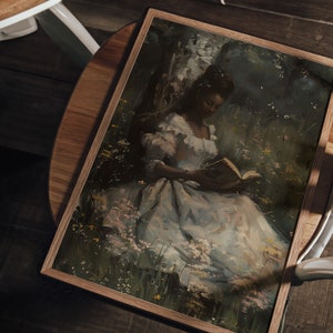 May include: A painting of a woman in a white dress sitting in a field of flowers and reading a book. The woman has dark skin and long dark hair. The flowers are a variety of colors, including pink, purple, and yellow.