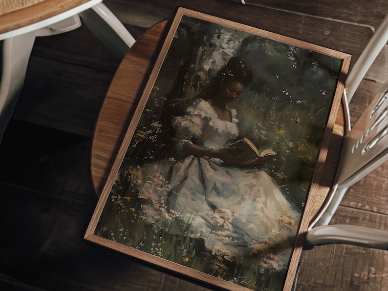 May include: A painting of a woman in a white dress sitting in a field of flowers and reading a book. The woman has dark skin and long dark hair. The flowers are a variety of colors, including pink, purple, and yellow.