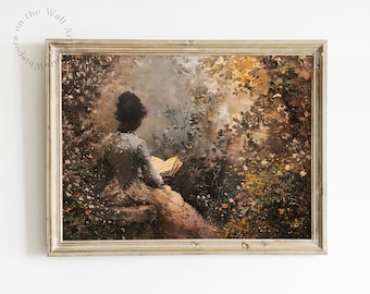 May include: A framed painting of a woman sitting in a garden, reading a book. The woman is wearing a long dress and has her back to the viewer. The garden is filled with flowers and trees. The painting is in a light wood frame.
