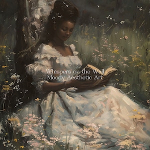 May include: A woman in a white dress sits in a field of wildflowers, reading a book titled "Whispers on the Wall, Moody Aesthetic Art".