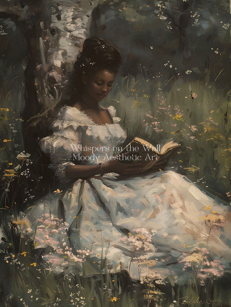 May include: A woman in a white dress sits in a field of wildflowers, reading a book titled "Whispers on the Wall, Moody Aesthetic Art".