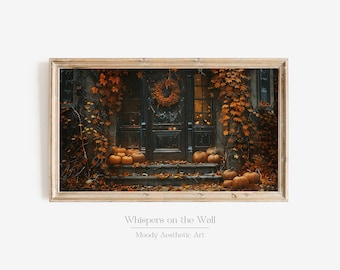 Fall Doorstep Frame TV Art, Halloween Decor, Moody Pumpkin Painting, Autumn Decor, Dark Samsung Frame TV Art, Spooky Wall Art
