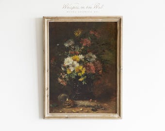 Dark Floral Bouquet Wall Art Dark Academia Art Wildflower Vase Vintage Painting Moody Bookshelf Decor Spring Flower Digital Art