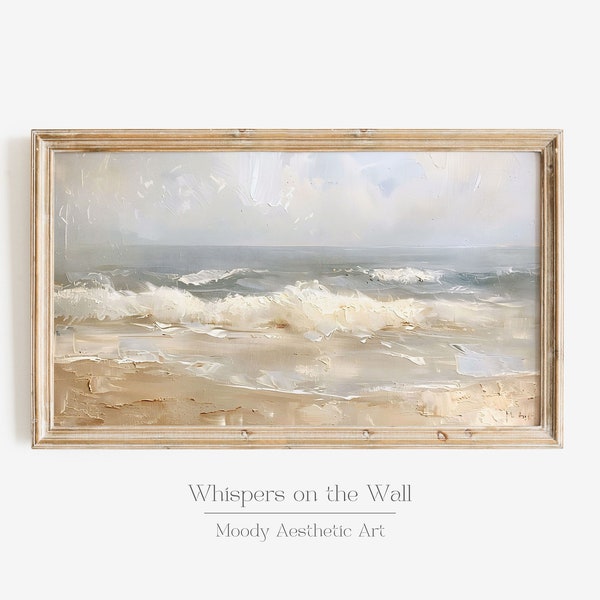 Neutral Beach Frame TV Art, Coastal Wall Art, Moody Summer Decor, Ocean Samsung Frame TV Art, Vintage Style Oil Painting