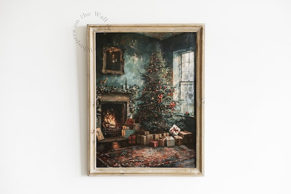 Vintage Christmas Tree Wall Art, Nostalgic Decor, Moody Xmas Wall Print, Winter Painting, Cottagecore Digital Art, Living Room Printable