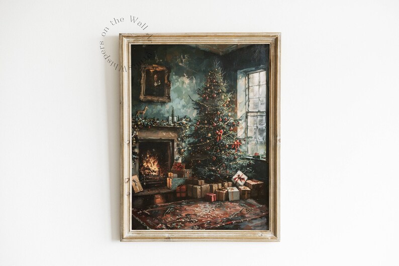 Vintage julgransväggkonst, nostalgisk dekor, stämningsfull julväggtryck, vintermålning, digital konst i Cottagecore, utskrivbar vardagsrumsdekoration bild 1