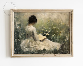Victorian Woman Reading Art Print, Moody Spring Art, Bookish Home Decor, Book Lover Gift, Light Academia Painting