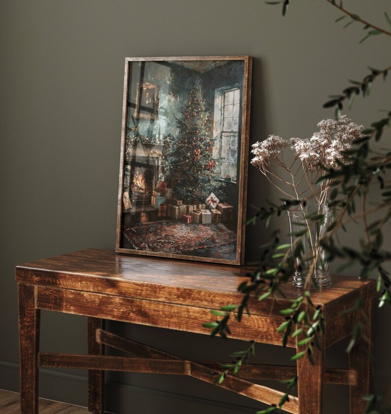 Vintage julgransväggkonst, nostalgisk dekor, stämningsfull julväggtryck, vintermålning, digital konst i Cottagecore, utskrivbar vardagsrumsdekoration bild 7
