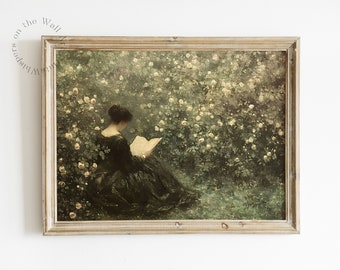 May include: A framed painting depicting a woman in a black dress seated in a garden filled with white flowers. She is reading a book.
