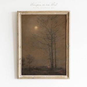 Arte de pared de Dark Academia, impresión de arte digital de paisaje nocturno vintage, pintura al óleo antigua, decoración del hogar melancólica, arte de pared gótico imprimible