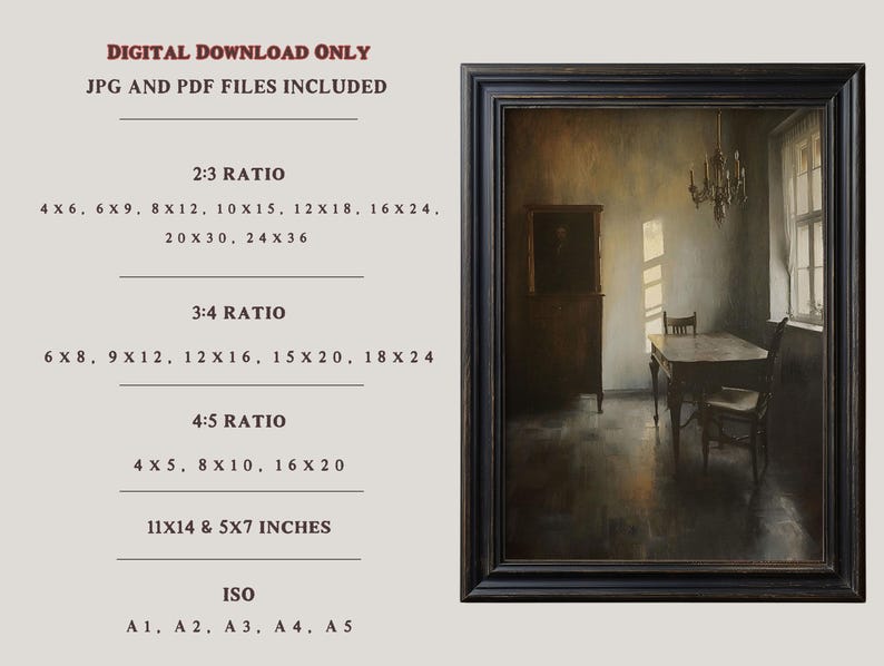 May include: A digital download of a painting depicting a room with a table and chairs, a cabinet, and a window. The room is lit by a single window, casting a beam of light across the floor. The painting is available in various sizes and aspect ratios, including 2:3, 3:4, and 4:5. The painting is also available in ISO sizes, including A1, A2, A3, A4, and A5.