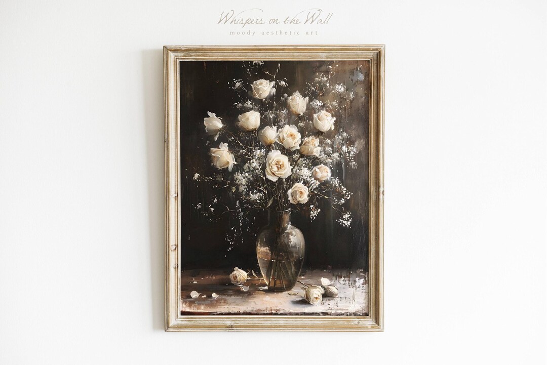 Winter Rose Vase Wall Art, Dark Floral Painting, Moody Flower Printable ...