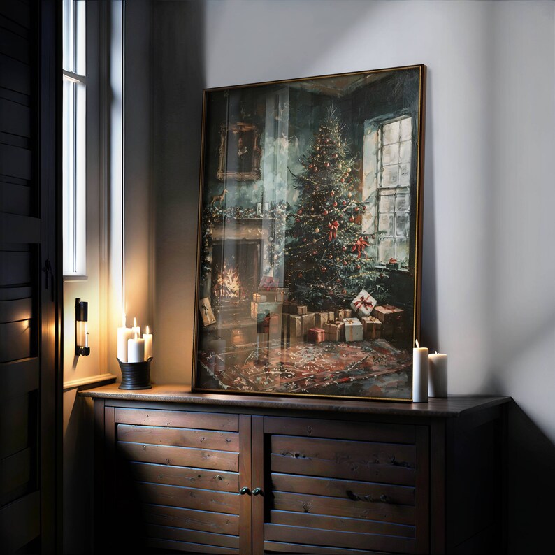 Vintage julgransväggkonst, nostalgisk dekor, stämningsfull julväggtryck, vintermålning, digital konst i Cottagecore, utskrivbar vardagsrumsdekoration bild 4