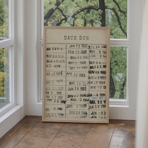 K&ouml;nnte beinhalten: Ein gerahmter Druck mit dem Text "DATE DUE" und einer Liste von Daten und Jahren. Die Daten sind in schwarzer Tinte auf einem beigefarbenen Hintergrund gedruckt.