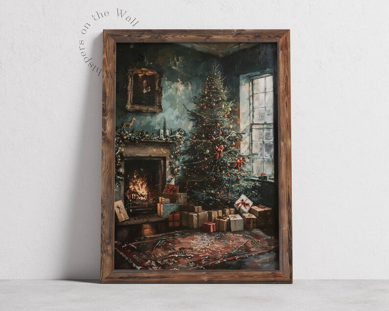 Vintage julgransväggkonst, nostalgisk dekor, stämningsfull julväggtryck, vintermålning, digital konst i Cottagecore, utskrivbar vardagsrumsdekoration bild 2