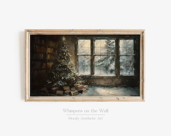 ヴィンテージ クリスマス ツリー フレーム テレビ アート、ブック風装飾、ムーディな冬の絵画、クリスマス ウォール アート スクリーンセーバー、ダーク クリスマス サムスン フレーム テレビ アート