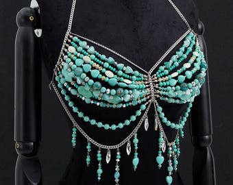 Handmade Beaded Mermaid Bra Turquoise, Festival Bra
