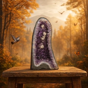 May include: A large amethyst geode, showcasing a deep purple crystal interior. The geode is set on a rustic wooden table, with a blurred forest background in autumn colors. The geode's exterior is a dark gray color.