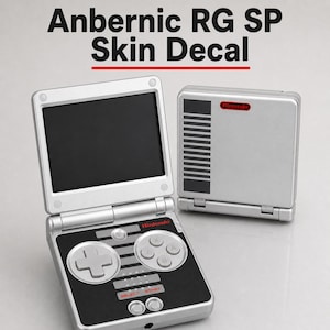 May include: An Anbernic RG SP skin decal applied to a silver handheld gaming console. The decal features a black and silver retro-inspired design with the text Nintendo, Select, and Start. One console is open, and one is closed, showing the exterior.