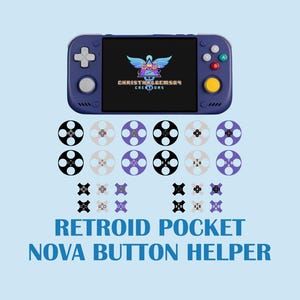 May include: A purple handheld gaming console with a screen displaying the text CHRISTHALGEMSO4 CREATIONS, accompanied by a collection of circular and cross-shaped button overlays in black, white, and purple. Text reads RETROID POCKET NOVA BUTTON HELPER.