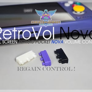 May include: A purple handheld gaming console with a screen and colorful buttons, accompanied by three rectangular volume control buttons in white, purple, and black. Text on the image reads RetroVol Nova, DUAL SCREEN RETROID POCKET NOVA VOLUME CONTROL, and REGAIN CONTROL!