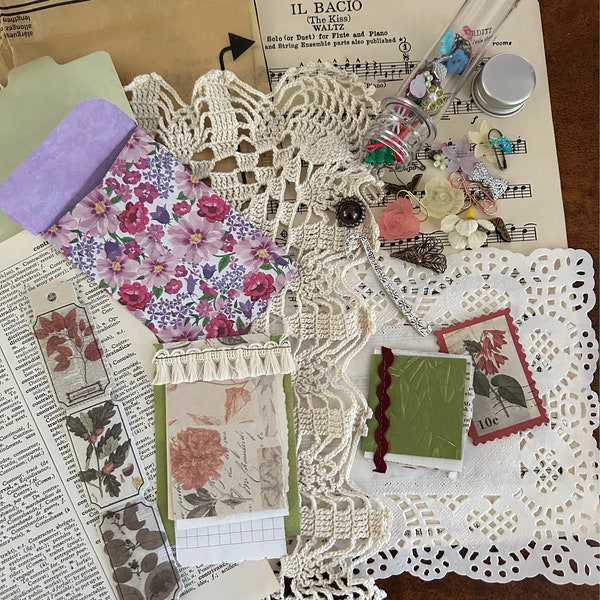 Junk journal grab bag. Massive over 150+ items for journaling, scrapbooking, collaging. This lot has small junk journal booklet and tassel.