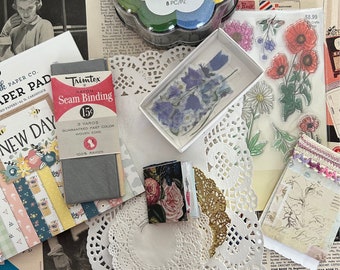 Junk journal grab bag. Massive over 150+ items for journaling, scrapbooking, collaging. Stamps and ink pad included . Vintage magazine pages