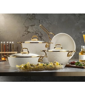 7 Piece Granite Patterned Cookware Set Gold Handle White