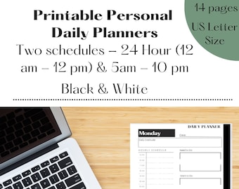 Printable Personal Daily Planner - 18 & 24 hour schedules - Daily gratitude - Water and step tracker - Black and white