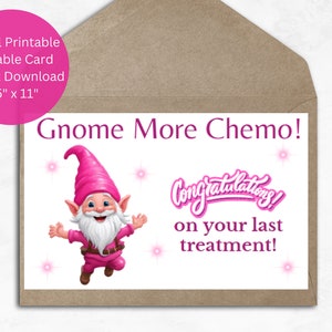 Carte imprimable - La chimiothérapie est terminée ! "Gnome Plus de Chimio !" Téléchargement immédiat - Rose/Bourgogne
