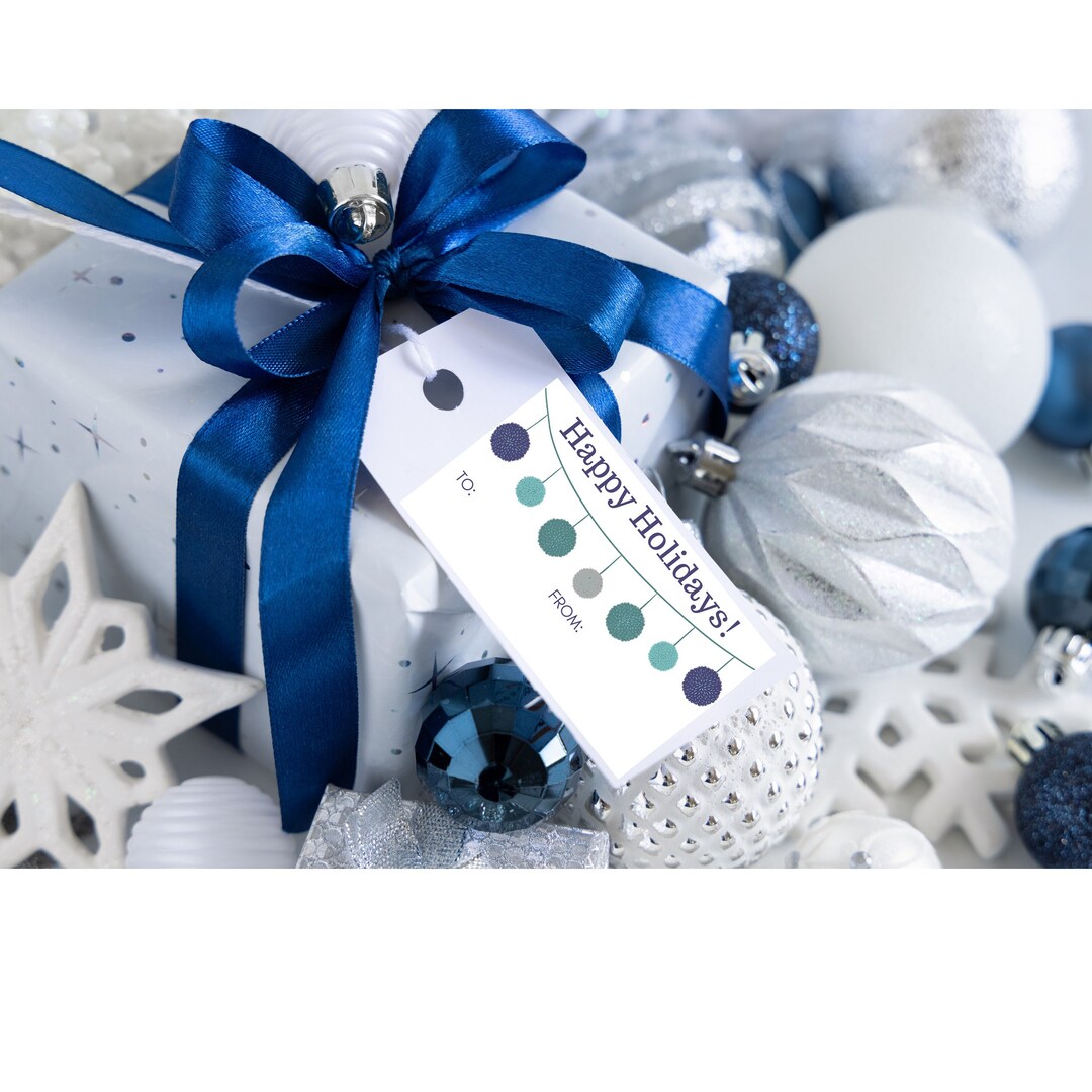 Digital Download Gift Tag Sticker Printable Happy Holidays Blue Ball